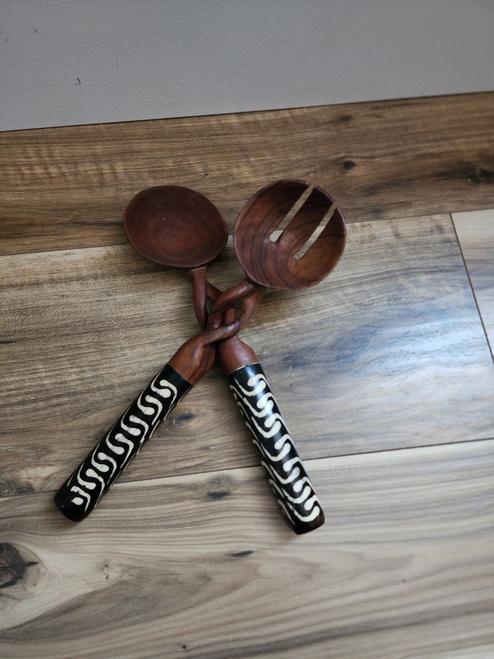 Hand-Carved Wooden Salad Servers with Black and White Patterned Handles